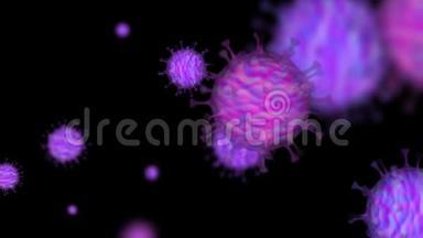 冠状病毒，Covid-19概念3D动画，显微镜病毒特写.. 中国武汉Flue爆发。