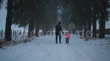 冬天的晚上，爸爸和他的小女儿<strong>手拉手</strong>在公园里散步