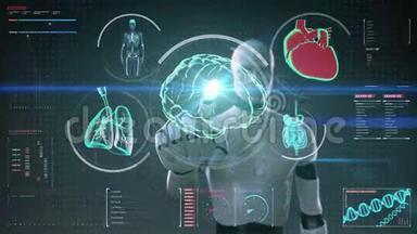 机器人，机器人触摸数字屏幕，扫描大脑，心脏，肺，内脏在数字显示仪表板。 X光透视。
