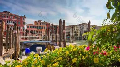 白天威尼斯餐馆海湾鲜花大运河交通4k时间流逝意大利