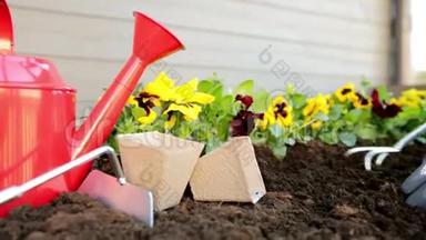 园丁用手在有<strong>泥土</strong>或<strong>泥土</strong>的花盆里种花。 园艺概念