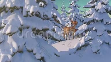 从拉普兰的圣诞老人之家出发，带着驯鹿的圣诞老人。 美丽的3D动画与北极光