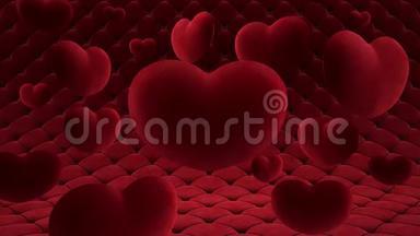 红色天鹅绒心悬在一颗大心脏周围的空气中。 在一个平滑移动的被子表面的背景下