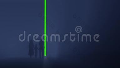一家人、母亲、父亲和女儿正对着一扇打开的门，门上有一道绿色的屏风