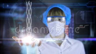 医生手里拿着未来主义的平板电脑。 DNA。 未来的医学理念..