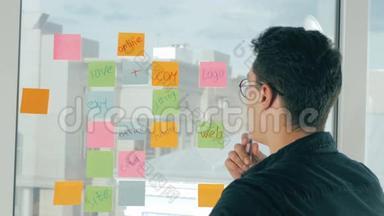 年轻的帅哥在现代办公室的全景窗口上写着<strong>粘稠</strong>的笔记。 头脑风暴，命名..