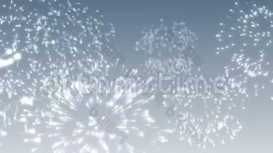 在抽象的背景下，新年或节日的银烟花。 4K运动图形..