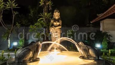 时光流逝小魔法花园喷泉。 夜景。 水来自女人手中的水壶，青蛙。 亚洲喷泉