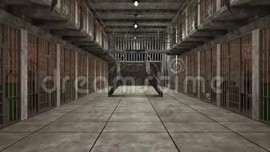计算机生成的背景。 两层楼的几个阴暗的监狱街区。 3D渲染