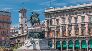 维托里奥·埃马努埃勒二世雕像在杜莫时代广场。 意大利隆巴迪的米兰。