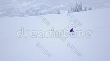 飞过一个孤独的<strong>旅游</strong>女孩，她走在一座被雪覆盖的山顶上。<strong>不</strong>舒服<strong>不</strong>友好