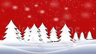 圣诞<strong>动画</strong>雪人在神奇的森林中穿过<strong>冬天</strong>的风景，背景上雪花飘落。 白雪公主