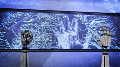 两只机器人手和一个大屏幕，上面有发光的电路板和闪烁的手