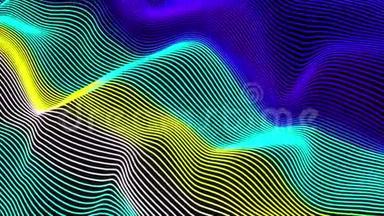 计算机产生了<strong>粒子</strong>的大数据波。 彩色<strong>条</strong>纹效果。 3D未来霓虹灯发光表面的渲染