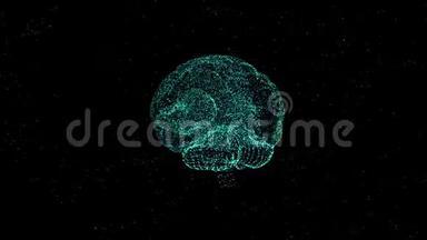 <strong>绿色</strong>的大脑形状连接的<strong>闪光粒子</strong>在黑色背景上。