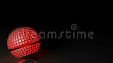 黑色球体，红色灯光方块旋转在黑色背景-三维渲染视频剪辑