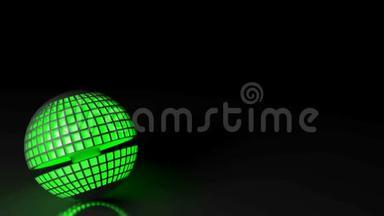 黑色球体与绿色照明方块旋转黑色背景-3D渲染视频剪辑