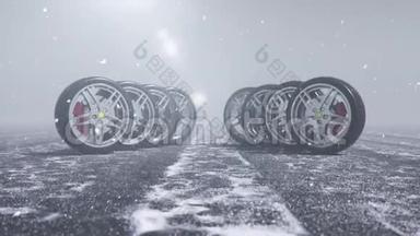 冬<strong>季</strong>轮胎的背景是暴风雪，降雪和湿滑的冬<strong>季</strong>道路。 冬<strong>季</strong>轮胎概念。 车轮更换