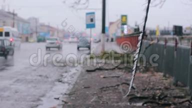 街上的冰暴摧毁了电线杆