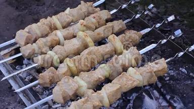 在烤串上煮烤串。 在曼格尔烤肉。 用热炭煮羊肉。 传统的野餐。 烧烤