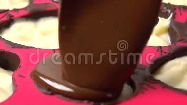 宏4K制作红色硅胶心形巧克力的视频