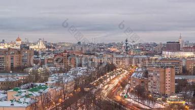 莫斯科城市俄罗斯天际线空中全景白天到夜晚，城市冬季雪景建筑