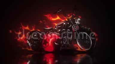 燃烧的<strong>摩托车</strong>被猛烈的<strong>火焰</strong>和燃烧的火花吞没