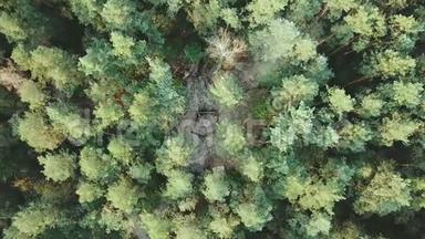 空中观景台。 飞过美丽的森林树木.. 空中<strong>摄影机</strong>拍摄。 景观全景。 露营的空中景色