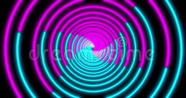 霓虹灯圈背景与LED荧光隧道。 紫外线抽象蓝色，紫色.. 循环动画4K。