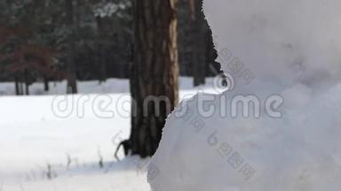 这个女孩冬天在树林里<strong>堆雪人</strong>。 把脸贴紧。