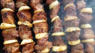 烤串猪肉烤架上烤烟配料美食传统户外营养烧烤