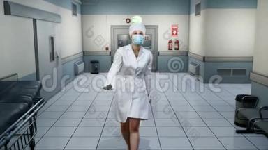护士穿过空荡荡的无尽医院走廊。 有门的长长的无尽的走廊.. 我们的走廊