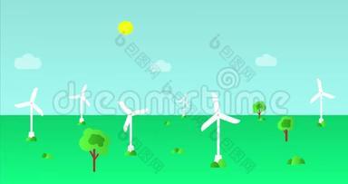 风力涡轮机或风力发电机在行动，卡通动画视频。 现代风车。 风能。