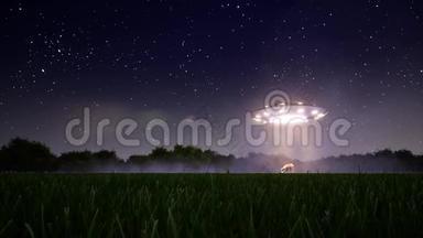 在浅色背景上复古风格的UFO牛。 外星飞船。 不明飞行物飞行飞船。 空间背景。 霓虹星系