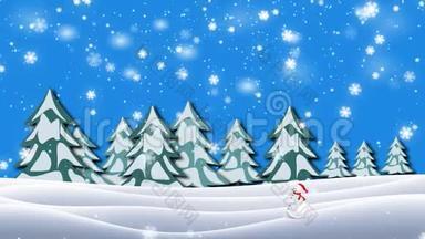 圣诞动画雪人在神奇的森林中穿过冬天的风景，背景上雪花飘落。 白雪公主