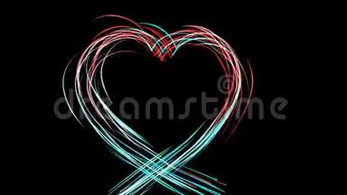 心脏符号是用彩色的明亮线条绘制的，是爱情和浪漫的象征，是彩色粒子的运动和动画，