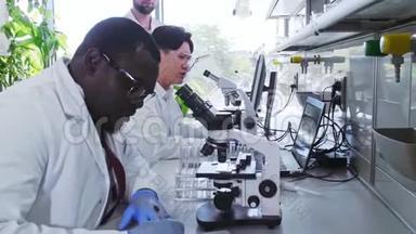 在实验室工作的科学家。 做<strong>医学研究</strong>的医生。 实验室工具：显微镜、试管、设备