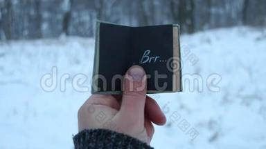 冬天或霜冻的想法。 手拿着一本铭文的书，描绘了森林的背景