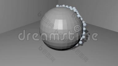 灰色球体，灰色房间里有移动的珍珠<strong>颗粒</strong>，抽象<strong>电影</strong>，介绍，外，几何体，幻想行星模型