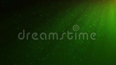 闪光、闪闪发光、绿色粒子的抽象运动背景。 美丽的绿色浮尘微粒