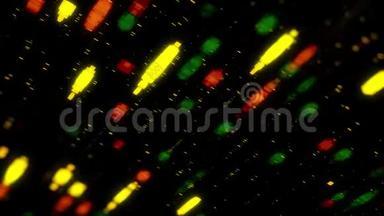 抽象的绿色、红色和黄色方块闪烁，并在黑色背景上成排移动，无缝循环。 动画。 五彩缤纷