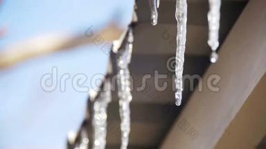 冬天的冰柱在春天的阳光下融化在屋顶上，从它们的<strong>提示</strong>中<strong>滴</strong>落。 慢动作