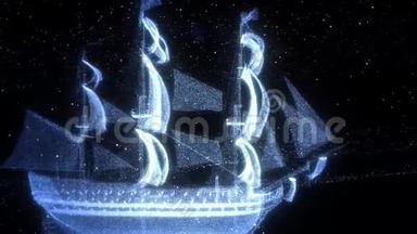 顶级特写帆船在黑暗的天空空间中翱翔在星空之上。 3D动画，3D渲染