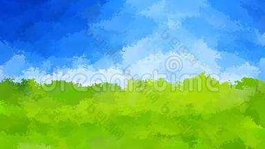 动画彩色彩色彩色背景无缝环视频-水彩花效果-彩色绿草蓝天夏季水平