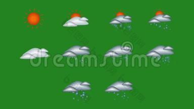 天气预报在一个绿色背景，十个动画图标。