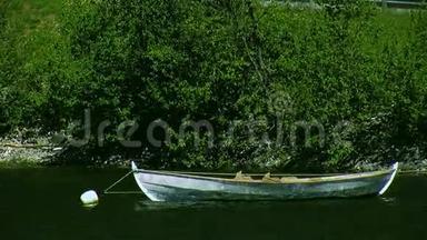 江水空木舟浪景.. 海岸的绿树。 夏日阳光明媚。 没有人