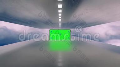 视频模拟绿色屏幕广告牌未来派平面隧道之间的云。