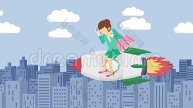 快乐的女商人乘火箭穿过建筑物。 创业，飞跃，创业理念.. 循环动画