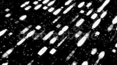 在黑色背景上移动白色霓虹灯点和粒子的单色抽象动画。动画。动画