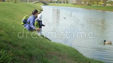 一家人正在湖边的公园里喂鸭子。 这个<strong>小男孩帮助</strong>把食物给鸟扔进水里。
